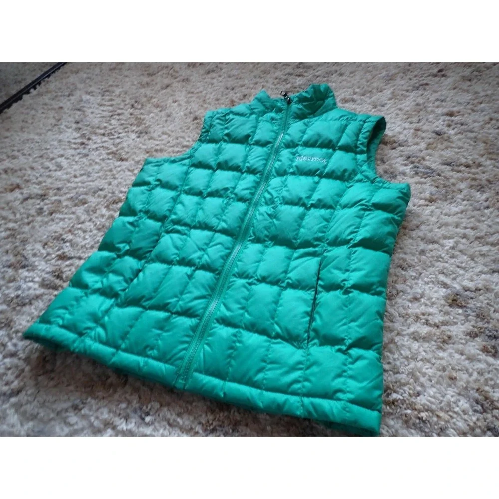 Marmot Puffer Vest Girls Large Green Excellent Down Quilted Full‎ Zip Sleeveless